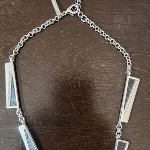 White House Black Market Silver Statement Necklace W/ Real Leather Inseŕts. NWT